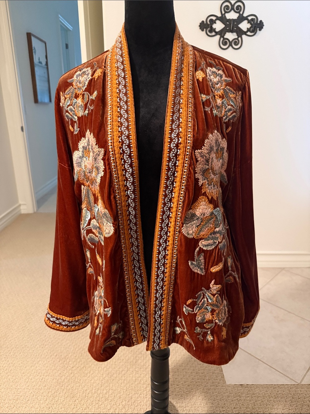 Sundance Burnt Orange Velvet Embroidered Open-Front Jacket